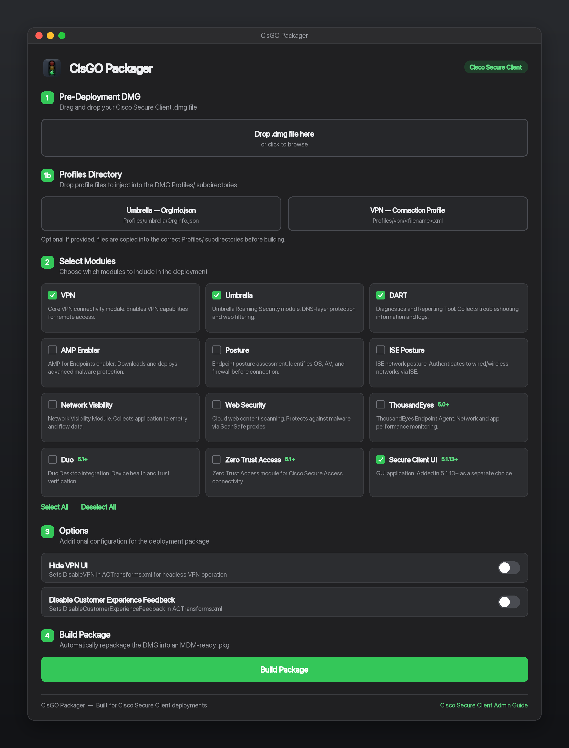 CisGO Packager macOS app: DMG drop zone, profile drop zones, a grid of module checkboxes, ACTransforms toggles, and a Build Package button